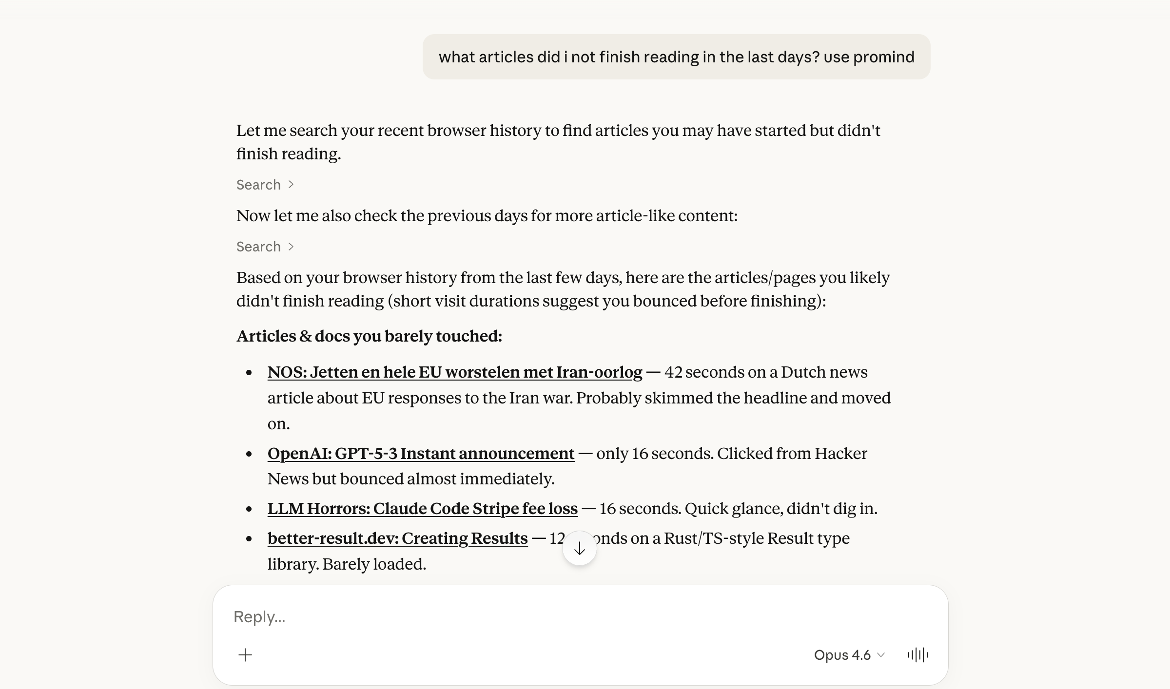 Pro Mind in action — Claude finding articles you didn't finish reading